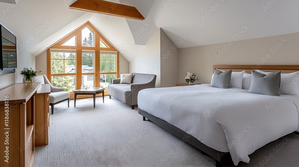 Fototapeta premium Contemporary hotel suite with kingsize bed and scenic mountain views through large windows : Generative AI