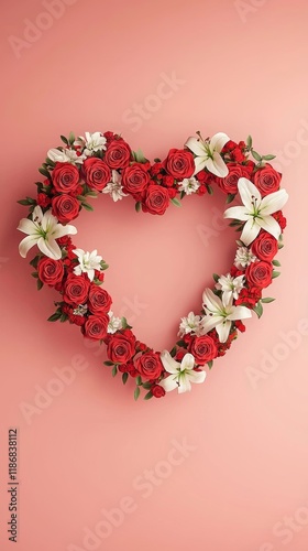 Valentine's Heart-Shaped Floral Arrangement Featuring Red Roses and Lilies Romantic Decor Soft Pink Background Artful Display