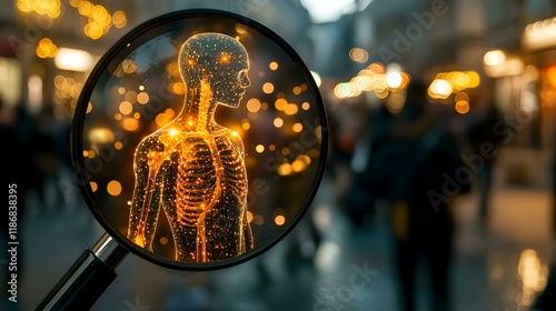 Magnifying glass reveals glowing human anatomy, city bokeh background.  Intriguing medical, science concept.