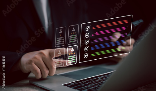Recruitment people or Human Resource Management (HR) concept : Bussinessman using laptop for human development recruitment leadership and customer target group to enter the position in company.	
