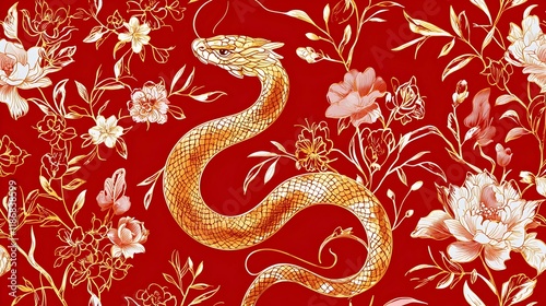Golden snake coiled amidst red and gold floral pattern. Elegant, luxurious design ideal for textile, wallpaper, or fashion.