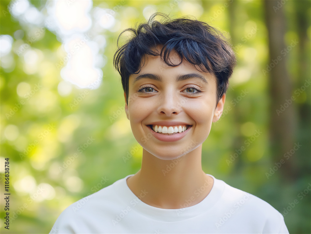 Smiling young woman with short hair enjoying a bright sunny day outdoors. A cheerful and positive mood captured in a lush green natural background. Smiling young woman with short hair enjoying a bright sunny day outdoors. A cheerful and positive mood captured in a lush green natural background.