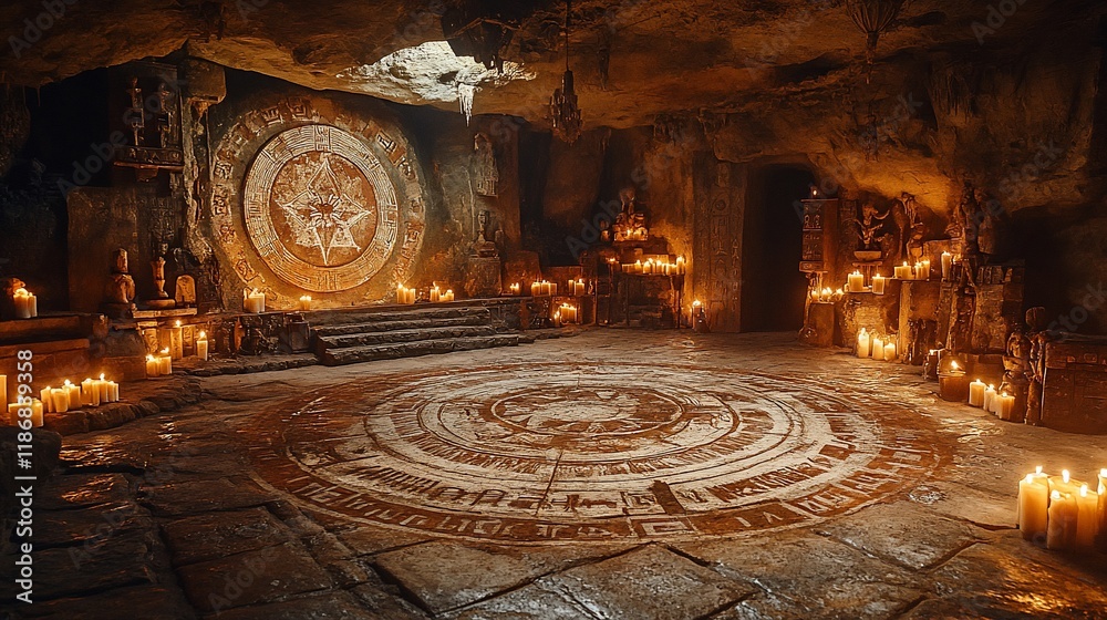 Obraz premium Ancient Cave Ritual Chamber with Candles and Symbols