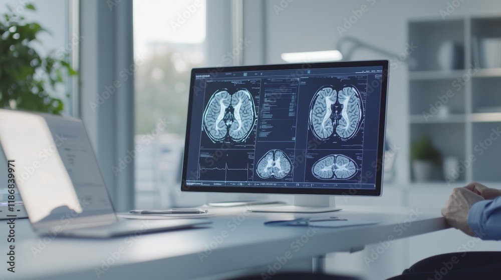 Medical professional examining brain mri scans displayed on a computer monitor in a bright, modern hospital or clinic setting, focusing on diagnostics and patient care Medical professional examining brain mri scans displayed on a computer monitor in a bright, modern hospital or clinic setting, focusing on diagnostics and patient care