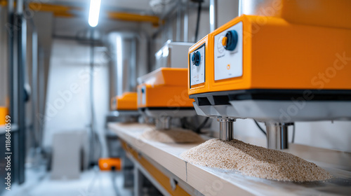 A close-up of industrial machinery with orange accents, dispensing fine materials like powder onto a work surface in a modern production facility. photo