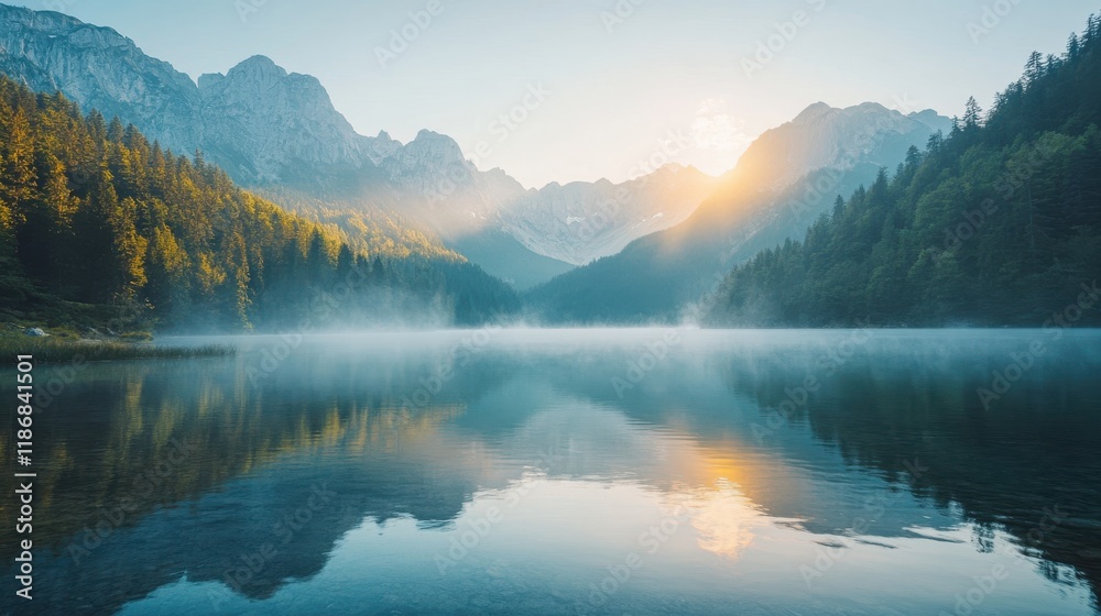 Lake in valley at dawn with mist and golden light Lake in valley at dawn with mist and golden light