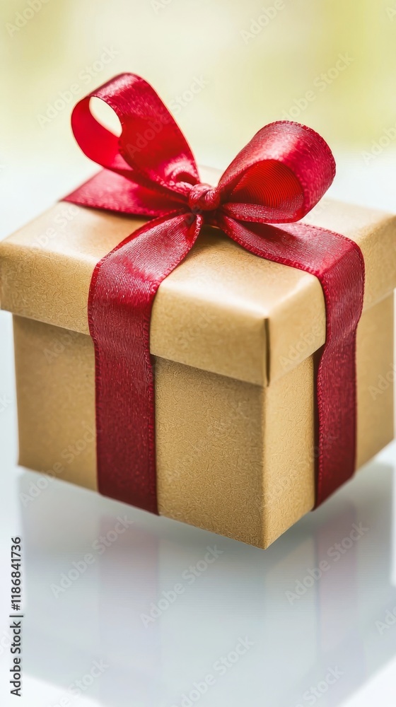 Fototapeta premium Valentine's Gift Box with Red Ribbon Romantic Surprise Cozy Home Elegant Setting Heartfelt Gesture