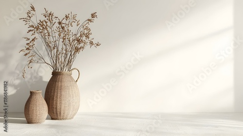 Dried flowers in woven vases against a minimalist white background. Perfect for home decor, blogs, and websites.