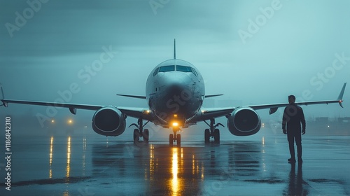 An airplane on a runway with a man standing next to it.