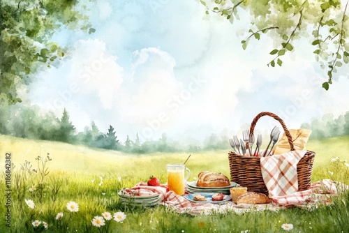 A delicate watercolor illustration of a picnic scene, with colorful utensils, plates, and a basket in a lush green field