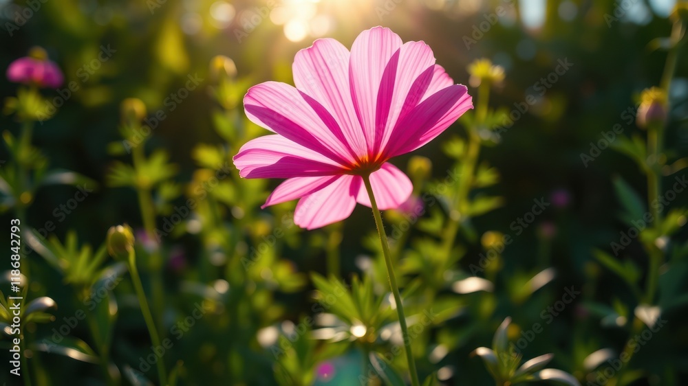 A delicate pink flower basks in the warm glow of the setting sun, its petals unfurling like a delicate dance against a backdrop of verdant greenery. A delicate pink flower basks in the warm glow of the setting sun, its petals unfurling like a delicate dance against a backdrop of verdant greenery.