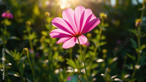 A delicate pink flower basks in the warm glow of the setting sun, its petals unfurling like a delicate dance against a backdrop of verdant greenery.