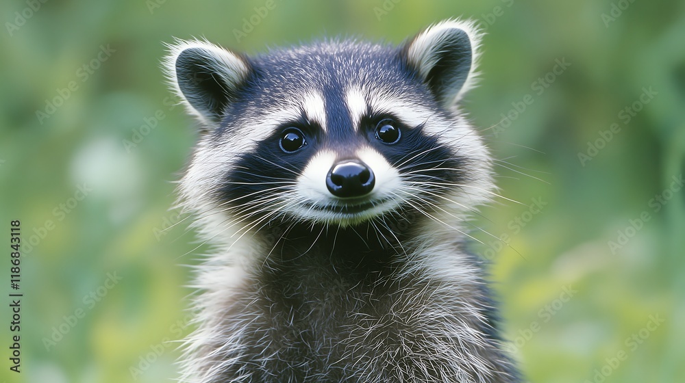Fototapeta premium Adorable Young Raccoon Close-Up Portrait in Nature Setting fur cute wild eyes face green black white