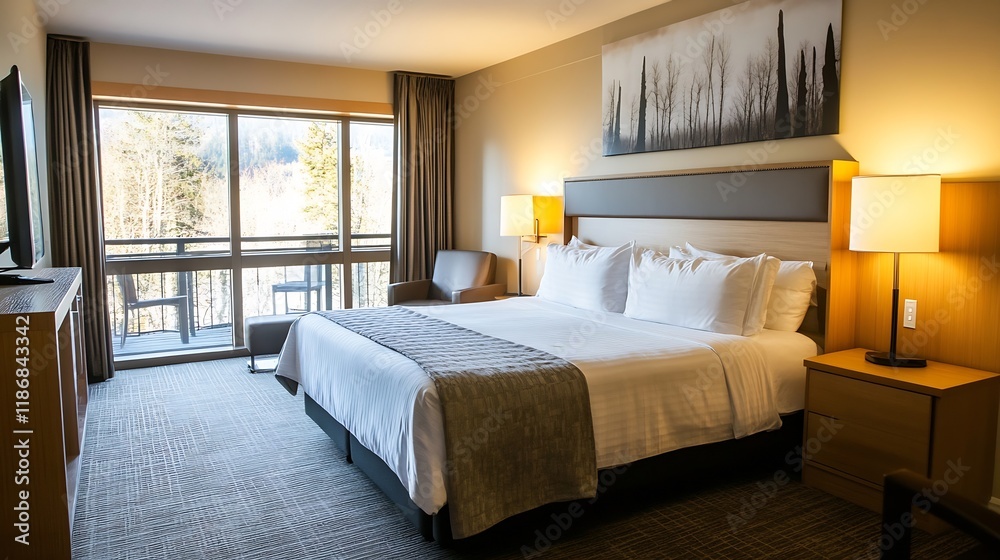 Modern cozy hotel room interior with large window minimalistic design and comfort : Generative AI Modern cozy hotel room interior with large window minimalistic design and comfort : Generative AI