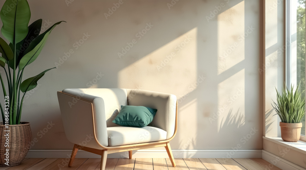 Fototapeta premium beige armchair with teal cushion sunlit room