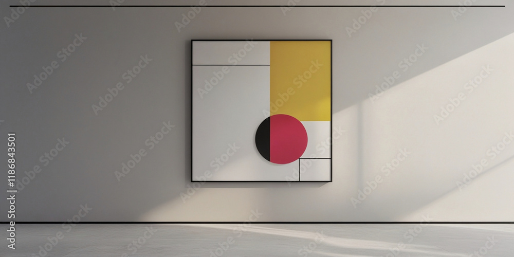 abstract artwork showcases a balanced composition of geometric shapes, including a bold red circle juxtaposed against a black semi-circle, alongside rectangles in yellow and white abstract artwork showcases a balanced composition of geometric shapes, including a bold red circle juxtaposed against a black semi-circle, alongside rectangles in yellow and white