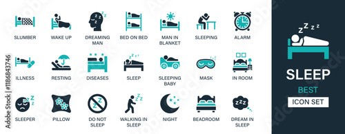 Sleep icon set collection. Slumber, wake up, dreaming man, bed on ben, blanket, sleeping, alarm, illness. And solid icon set collection.