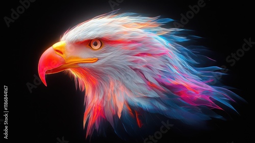 Colorful eagle head on black background, vibrant feathers flowing.