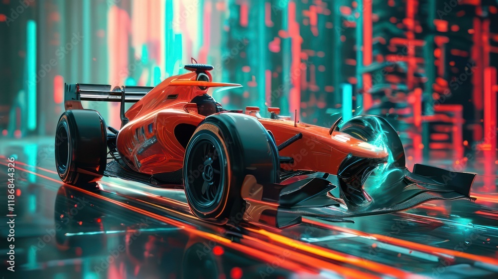 Naklejka premium Futuristic orange racecar in neon lit environment, embodying speed and technological innovation