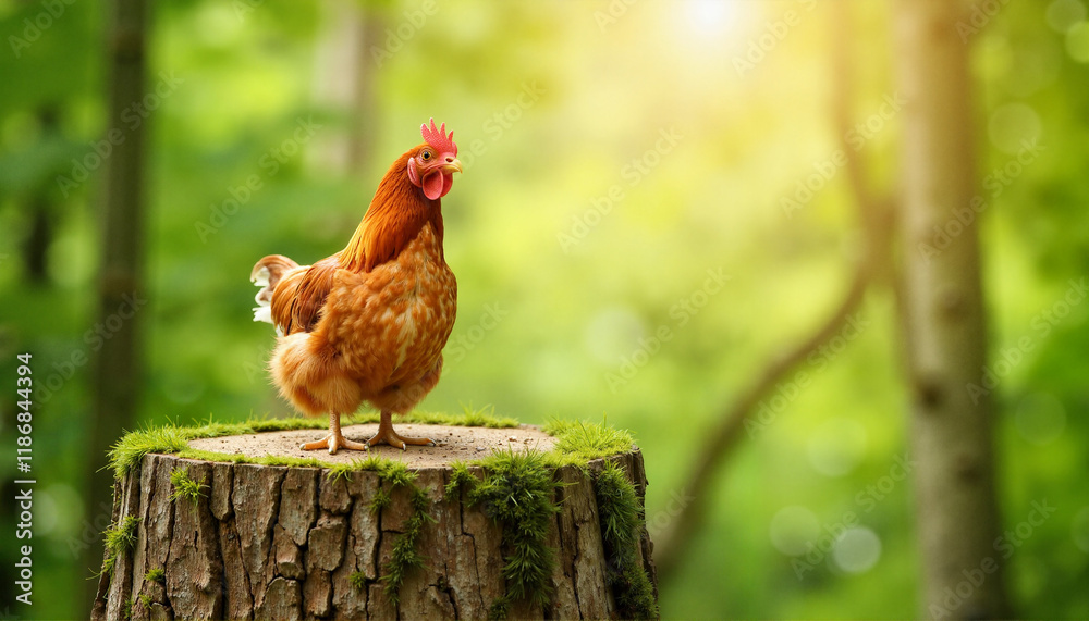 Fototapeta premium Vibrant chicken standing proudly on a mossy tree stump in sunlight, nature's beauty