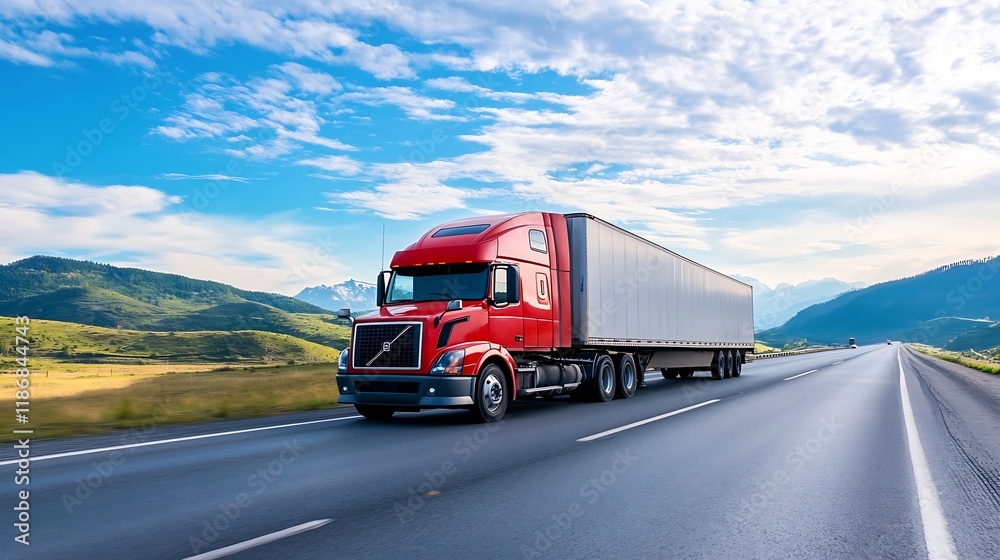 Red Long Haul Truck Driving on Open Highway with Scenic Mountain Landscape : Generative AI Red Long Haul Truck Driving on Open Highway with Scenic Mountain Landscape : Generative AI