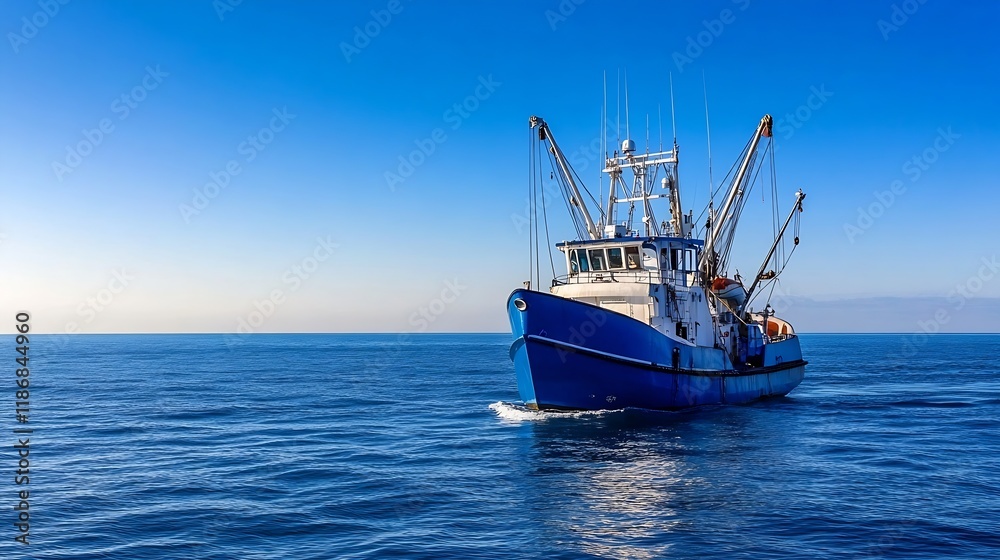 Blue Fishing Boat Sailing in Open Ocean Expanses Under Clear Blue Sky : Generative AI Blue Fishing Boat Sailing in Open Ocean Expanses Under Clear Blue Sky : Generative AI