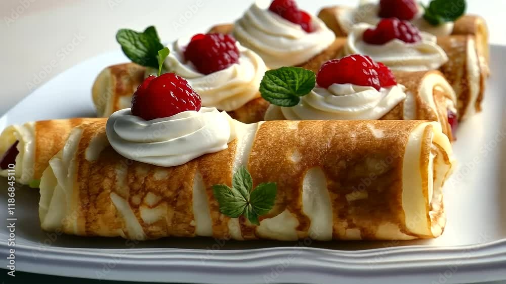 Pancakes Filled with Cream and Fruit on White Plate Pancakes Filled with Cream and Fruit on White Plate