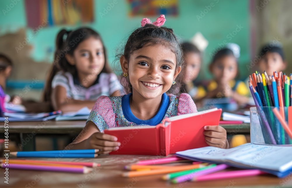 A happy girl is sitting at her desk in the classroom, holding an open red notebook and smiling with joy as she sits between two other girls who appear to be writing or drawing in their own notebooks. A happy girl is sitting at her desk in the classroom, holding an open red notebook and smiling with joy as she sits between two other girls who appear to be writing or drawing in their own notebooks.