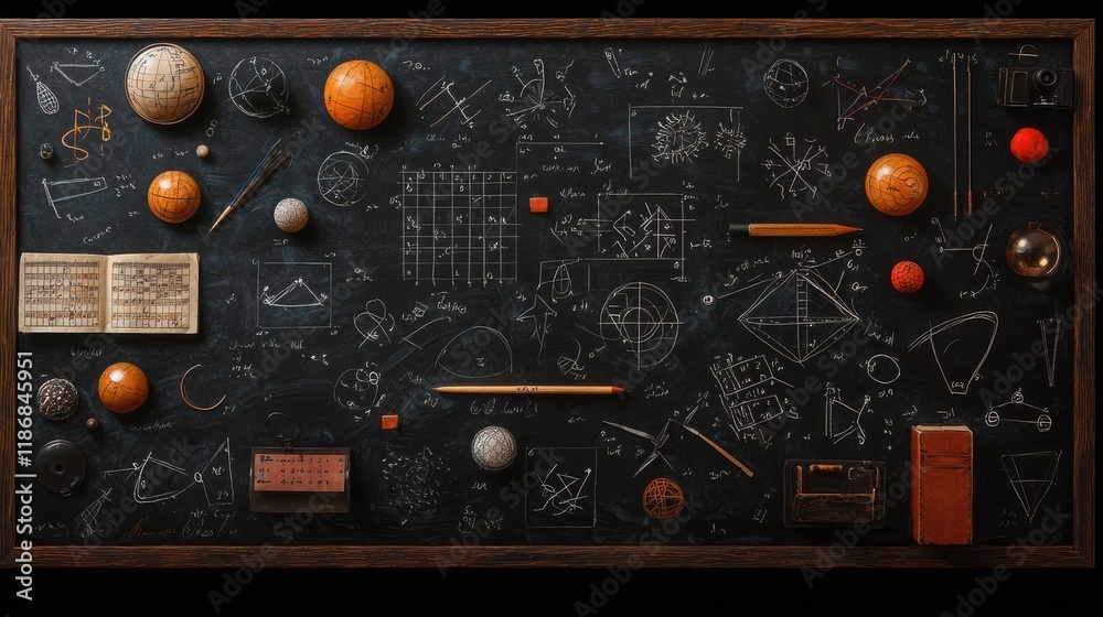 Chalkboard art showcasing colorful math equations in classroom Chalkboard art showcasing colorful math equations in classroom