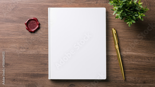 blank book with wax seal, pen, and plant on wooden table