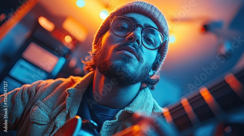 A young man with a beard and glasses plays an acoustic guitar under colorful lights. photo