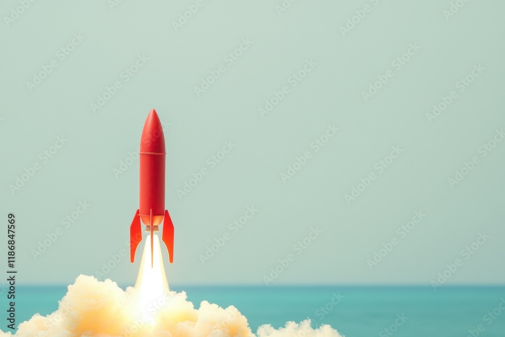 A bright red rocket launches from a cloud, symbolizing innovation, exploration, and adventure against a serene blue background. A bright red rocket launches from a cloud, symbolizing innovation, exploration, and adventure against a serene blue background.