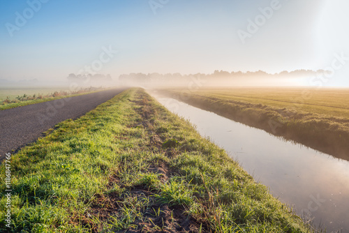 Obraz na płótnie Dutch polder with a country road and a ditch on an early misty morning in the autumn season. The sun has just risen and the grass is still wet from the dew. w salonie