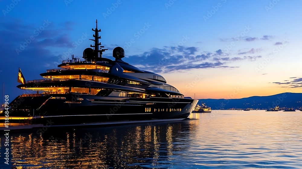 Fototapeta premium Luxury Superyacht at Sunset with Serene Ocean View and Calm Harbor : Generative AI