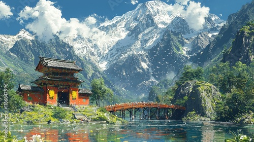 Serene mountain temple with bridge, lake, and snow-capped peaks.