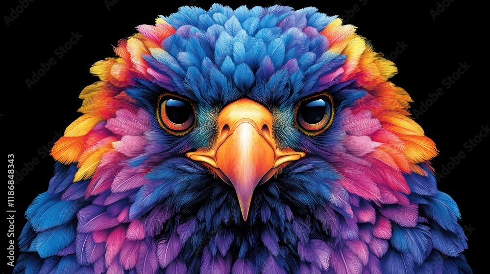 Obraz premium Colorful eagle portrait on black background, intense stare.
