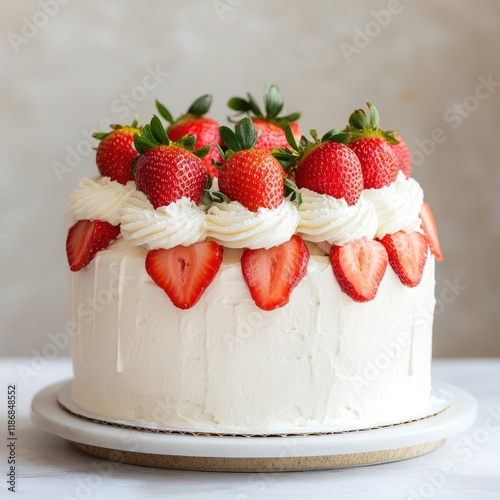 A cake with white buttercream and strawberries on top, minimal style photo