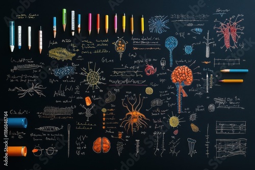 Vibrant chalkboard art of biological diagrams in education environment photo