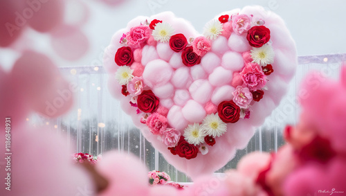 Rose petals background. Pink rose petals. Pink Cotton Heart with Floral Bouquet. Valentine's Day or Wedding Banner. Greeting card, Valentine's Day or Wedding invitation.