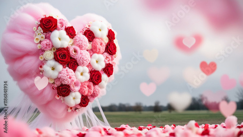 Pink rose petals. Pink Cotton Heart with Floral Bouquet. Valentine's Day or Wedding Banner. Greeting card, Valentine's Day or Wedding invitation.