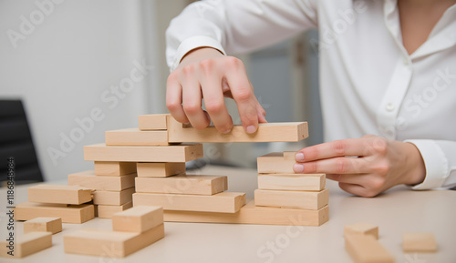 Handcrafted Wooden Blocks Arrangement in a Modern Office Setting