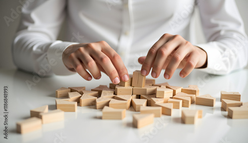 A Person Building a Structure with Wooden Blocks