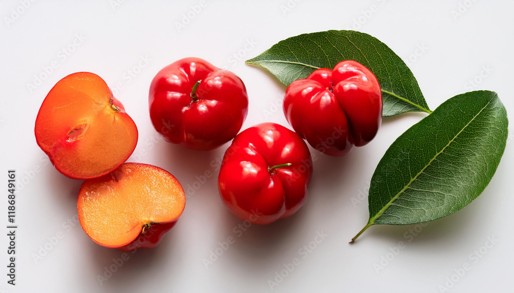 Obraz premium flat lay of acerola cherry with reduce in 1/2 and leaves on white heritage