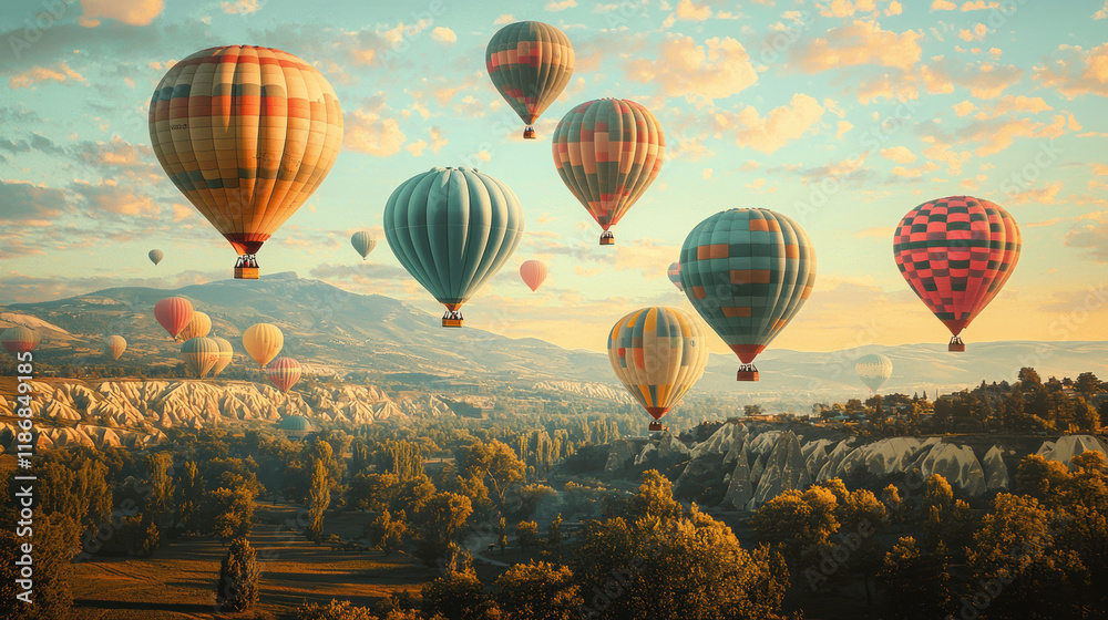 Obraz premium Colorful hot air balloons float over scenic landscape at sunset