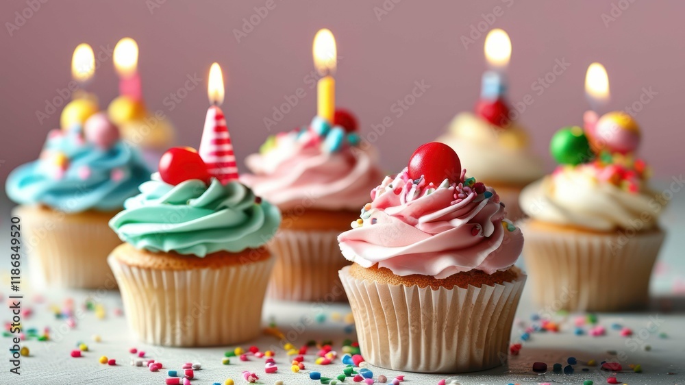 Colorful cupcakes with candles create festive atmosphere, perfect for birthday celebrations or joyful gatherings Colorful cupcakes with candles create festive atmosphere, perfect for birthday celebrations or joyful gatherings
