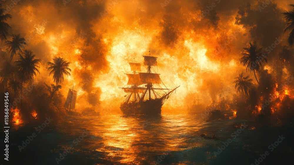 Obraz premium Burning ship engulfed in flames amidst tropical island inferno.