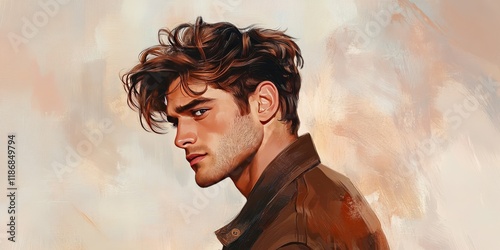 A strikingly attractive man is depicted in profile, gazing off to the side, showcasing his good looks and features while turning his head away.