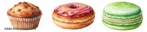 Colorful pastry illustrations, delicious dessert art, watercolor style, bakery treats, sweet food design.