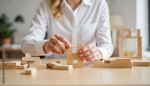 A Woman in a White Shirt Building with Wooden Blocks