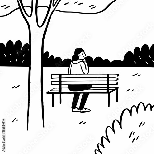 Lonely woman sits on park bench, contemplating.